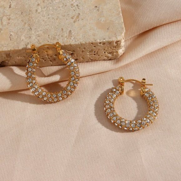 Medium Zircon Chunky Hoop 18K Gold Plated Stainless Steel Earrings - Picture 9 of 12